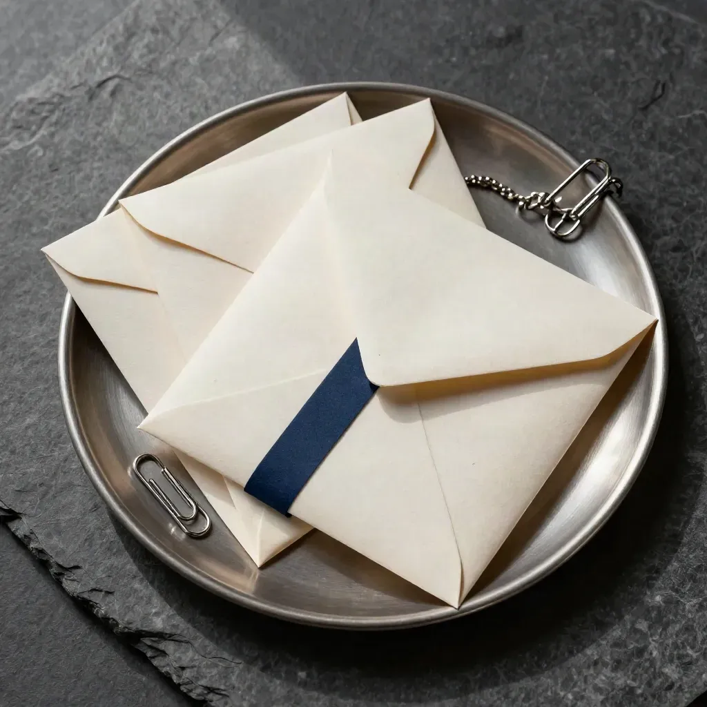 Overhead still life of sealed mail envelopes, paperclip chain and pewter tray on charcoal stone.