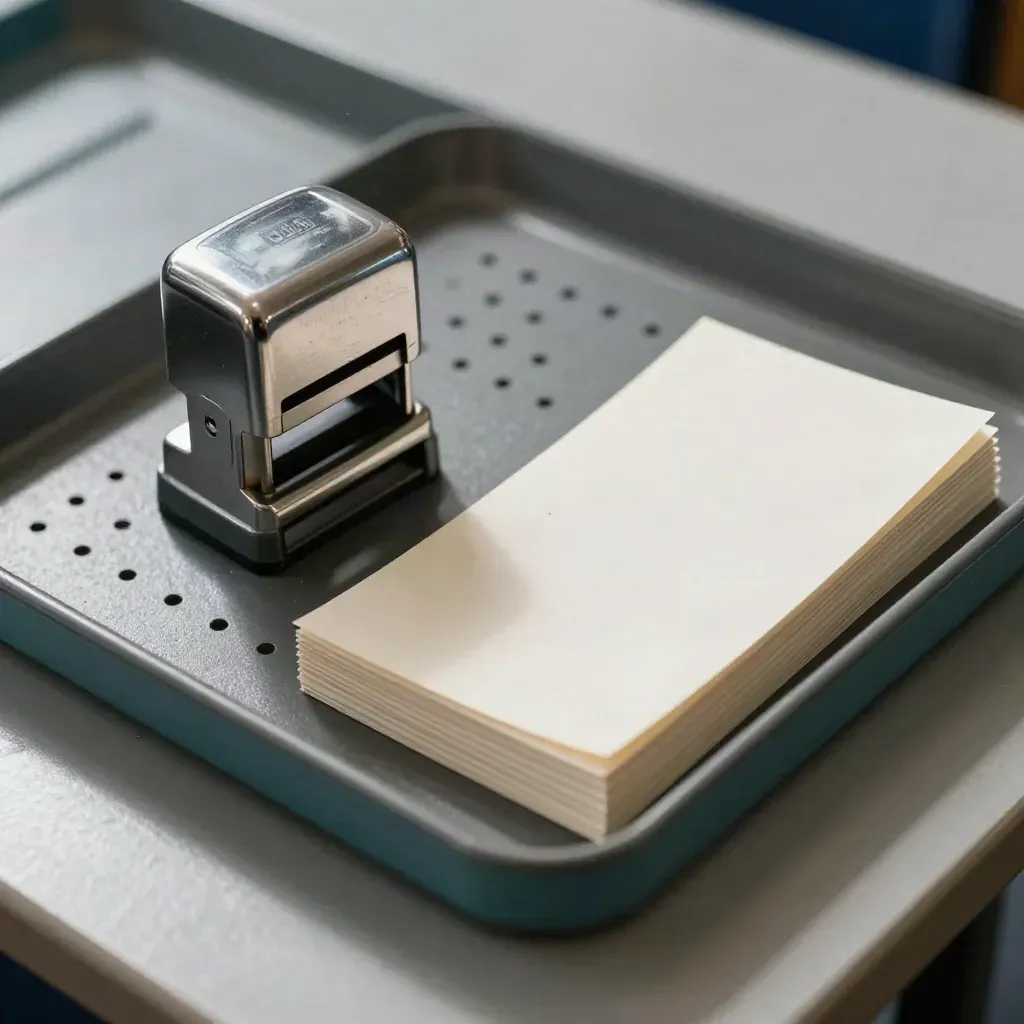 Macro of a steel date stamp, perforated tray, and stacked slip cards on a metal counter.