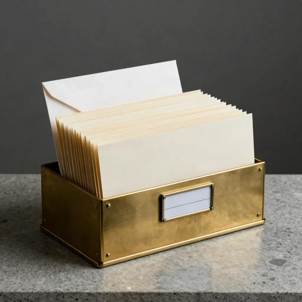Brass archive frame, ivory folders, and envelope on stone under dramatic light.