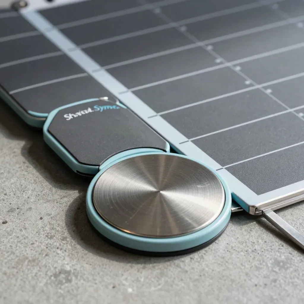 Magnetic room tokens, clock disc, and divider bar on concrete, lit by a hard upper-left beam.