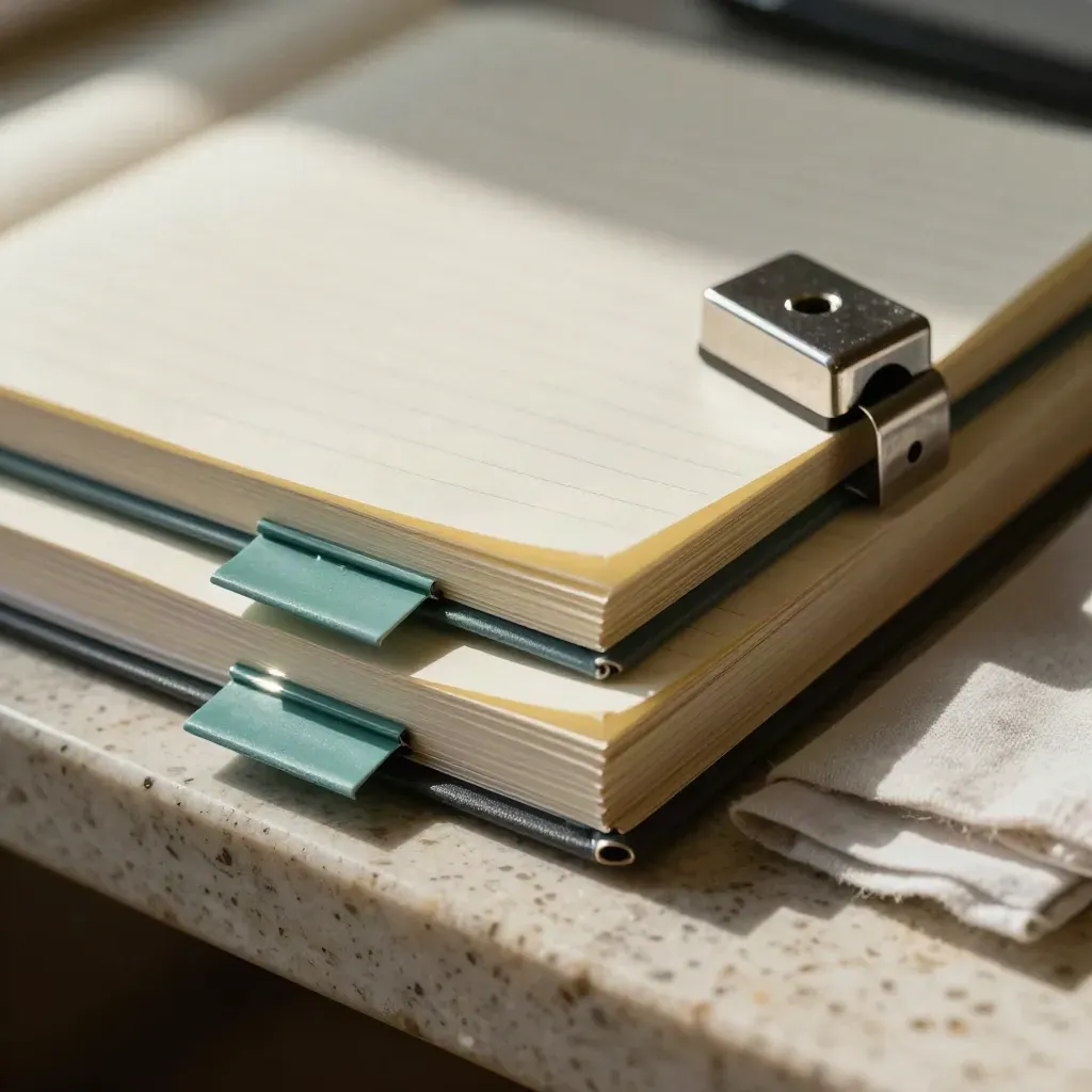 Macro still life of ledger pads, teal index tabs, and a steel paperweight on travertine.
