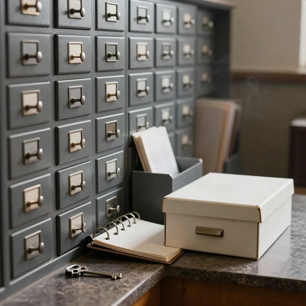 Vintage card catalog drawers, binder rings, and an archive box lid on a dark stone ledge.