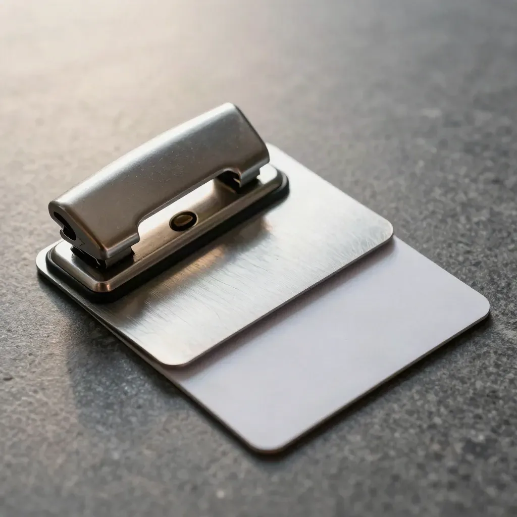 Macro flat lay of metal ID sleeves, archive punch, and blank cards on graphite stone.