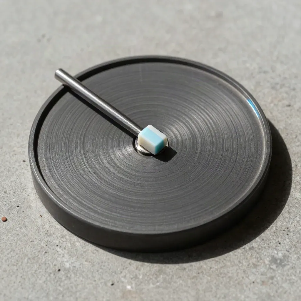 Macro of a circular timetable token, magnetic room marker and separator block on concrete.