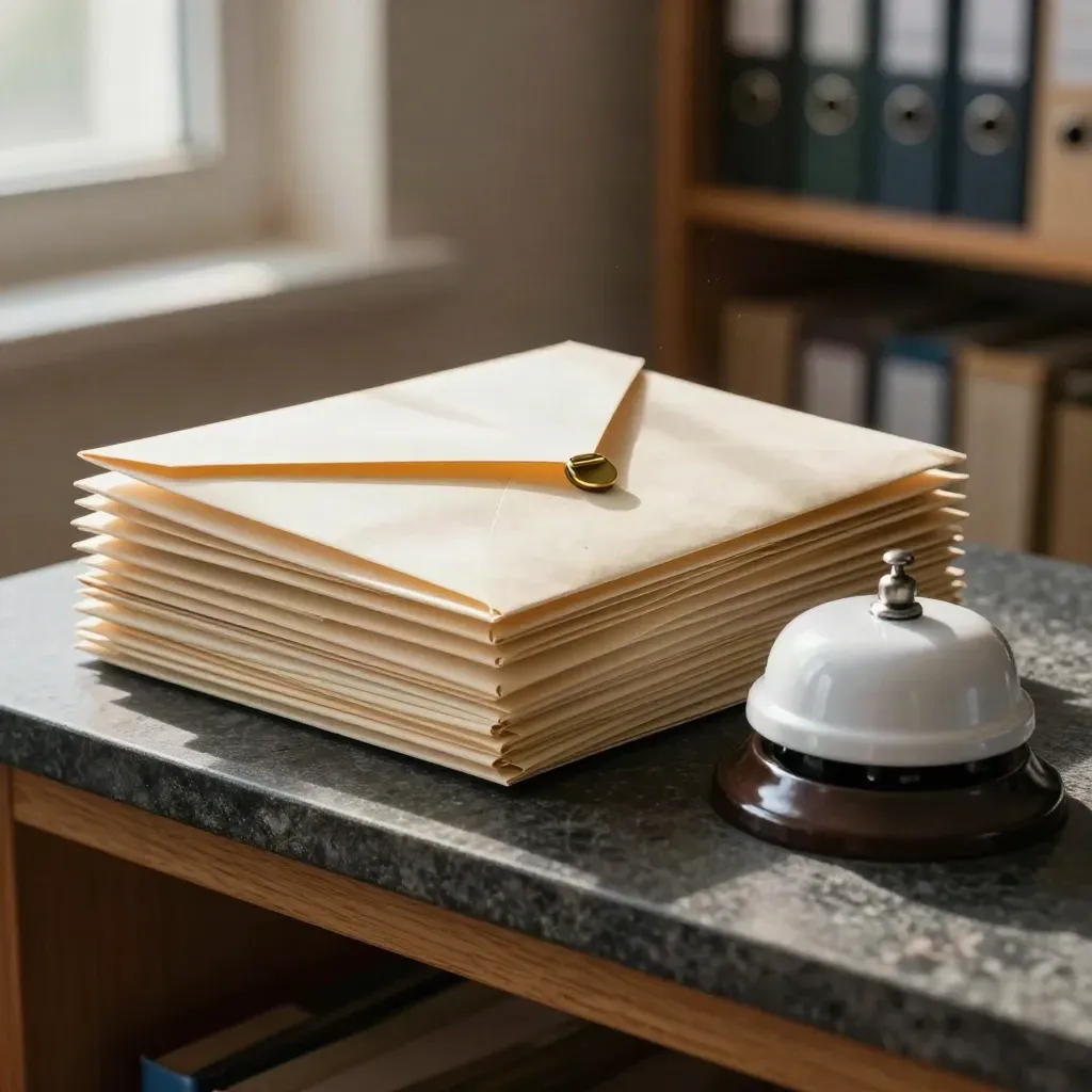 Stacked interoffice envelopes with a brass clip and desk bell on a dark school office shelf.