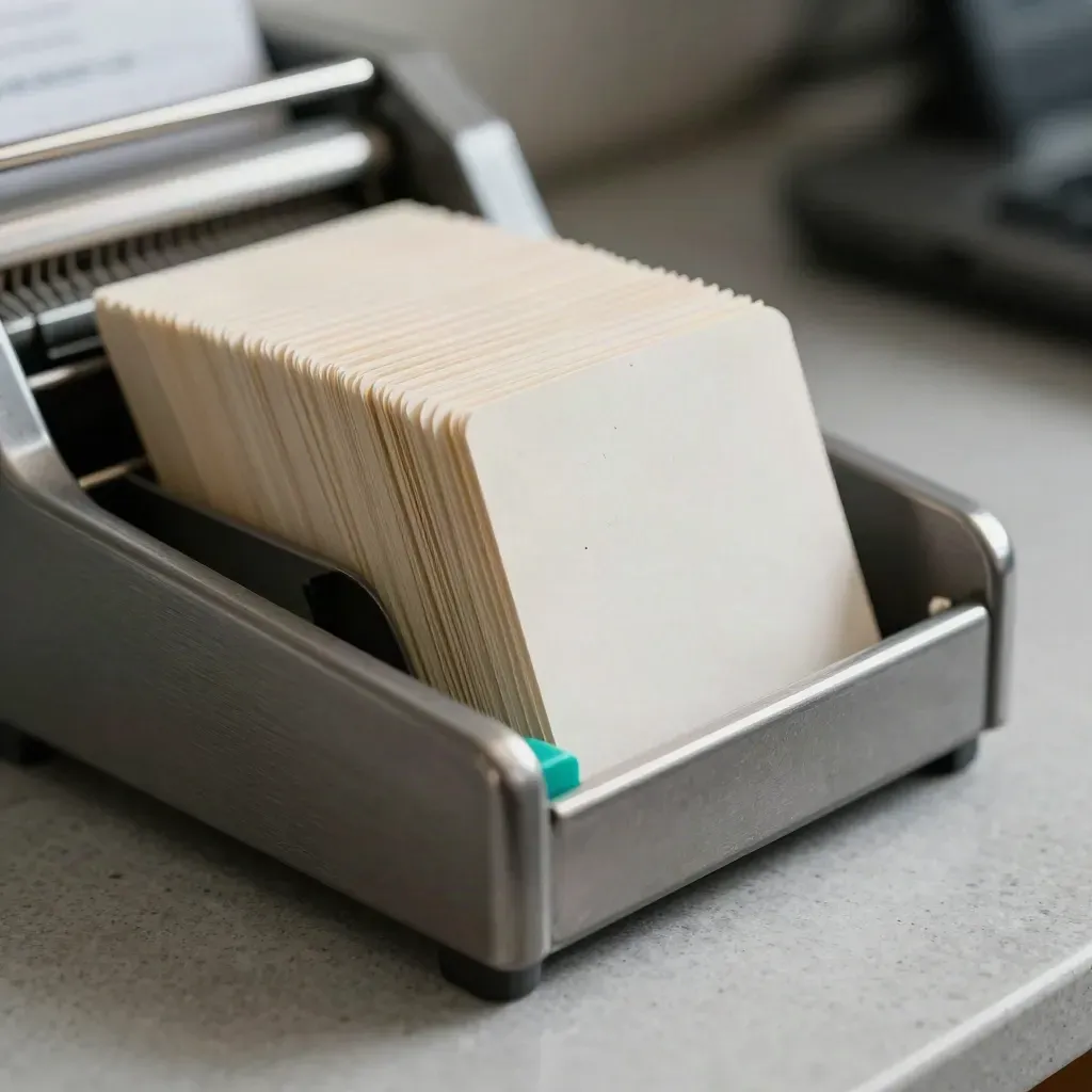 Macro side view of punched roster cards feeding through a metal guide bar on a graphite tray with teal accent