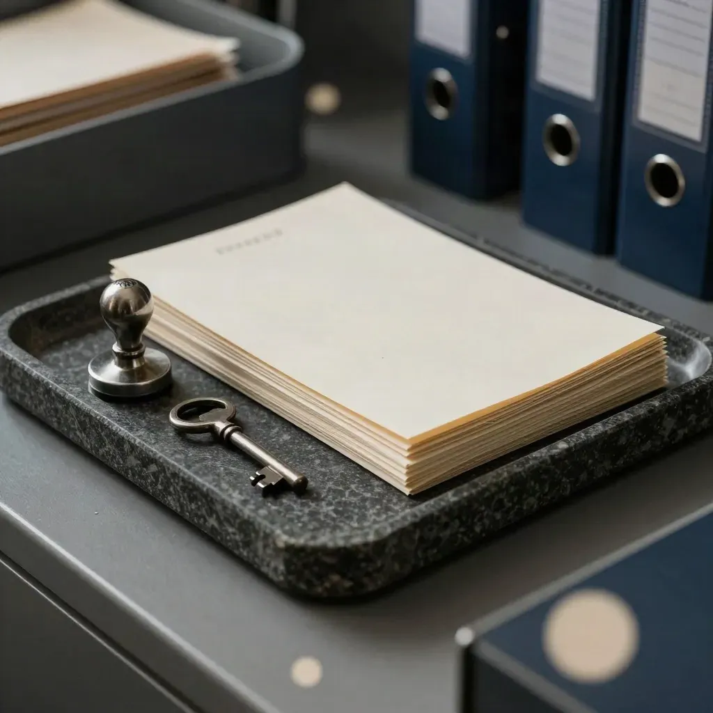 School office tray with date stamp, key, and interoffice slips seen through a file divider.