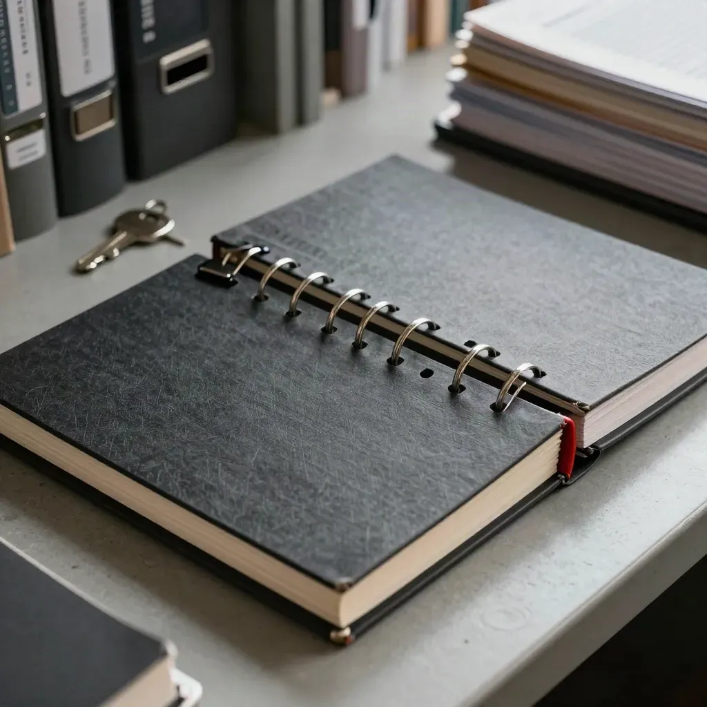 Two grade ledgers linked by a split ring and binder clip on a school records counter.
