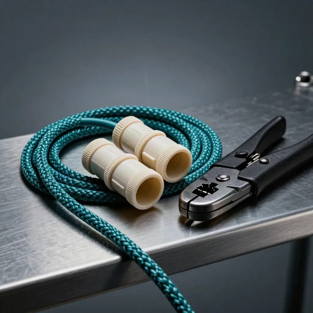 Teal patch cable coil, crimp tool, and keystone couplers on brushed metal in dramatic light