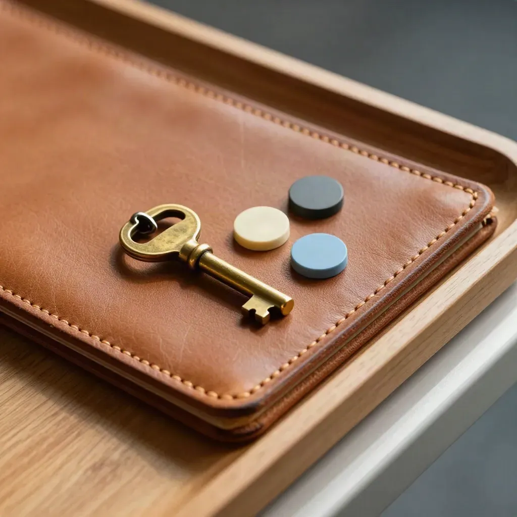 Leather folio with brass school keys and map pins on pale wood, shot through frosted glass.