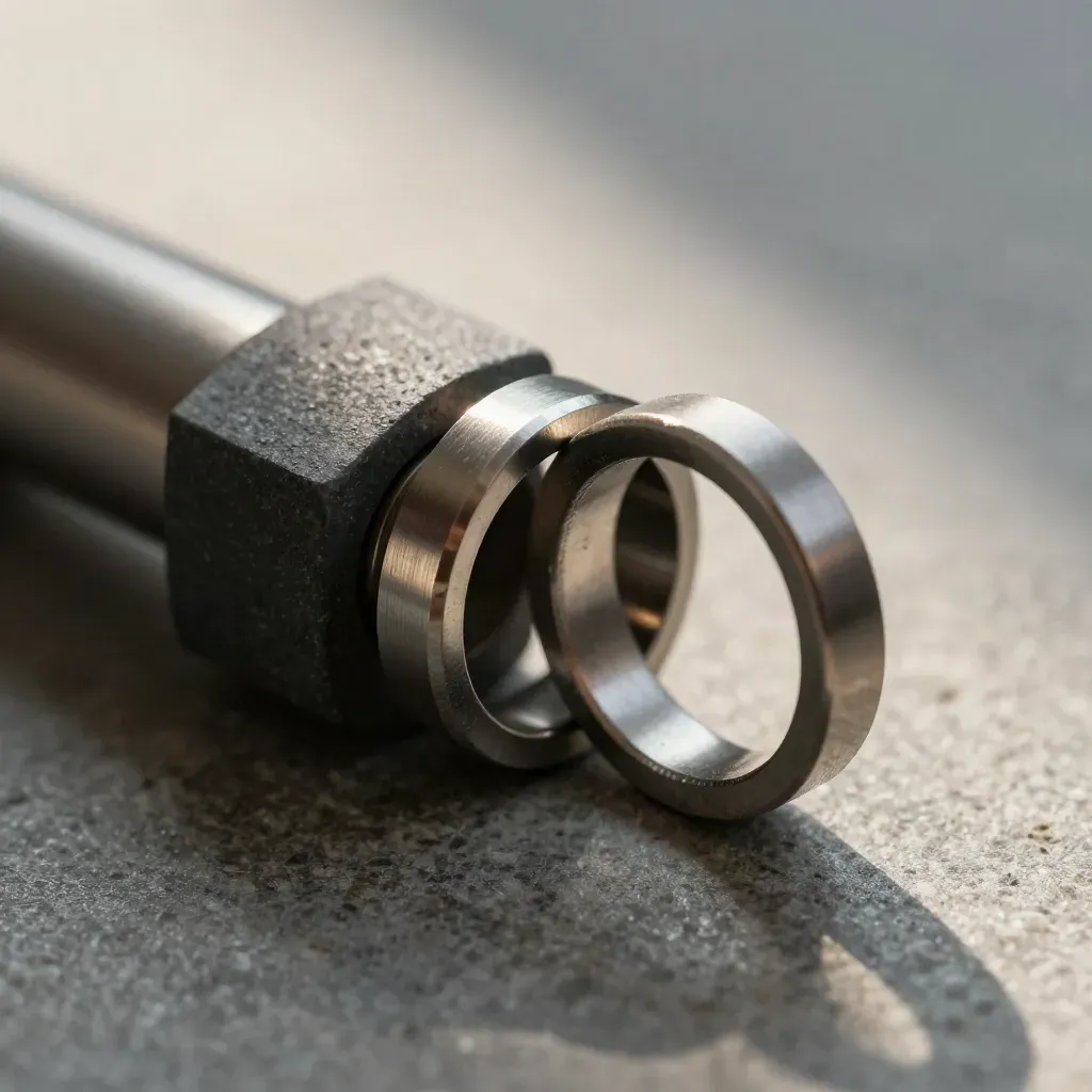 Machined rings threaded through a graphite connector block on stone, seen in extreme macro.