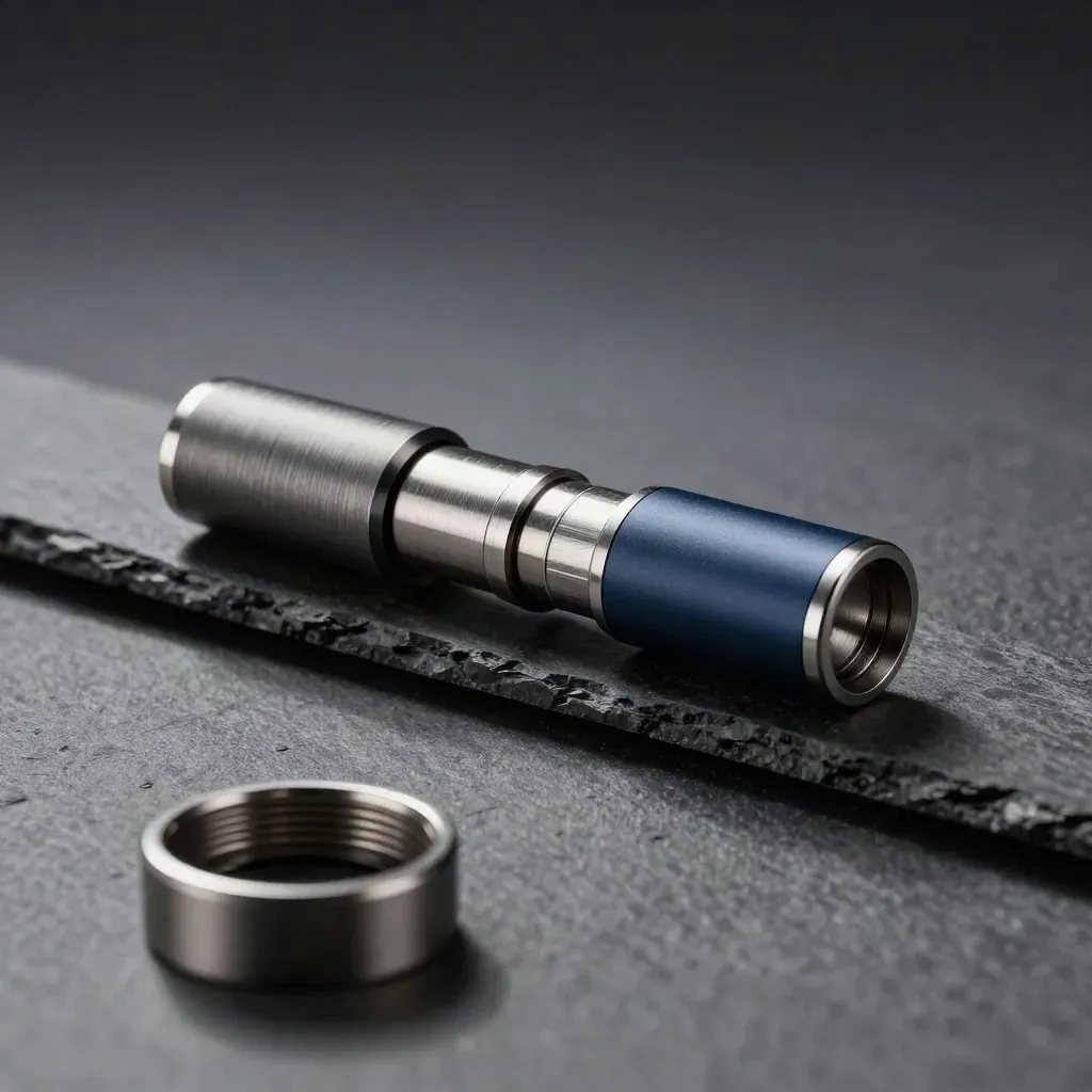Paired metal couplers joined by a bridge plate on a dark stone surface, dramatic studio light