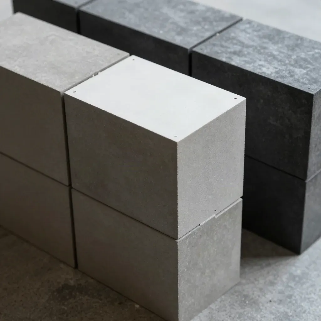 Overhead closeup of stacked graphite modular blocks with a white spacer tile sliding into alignment.
