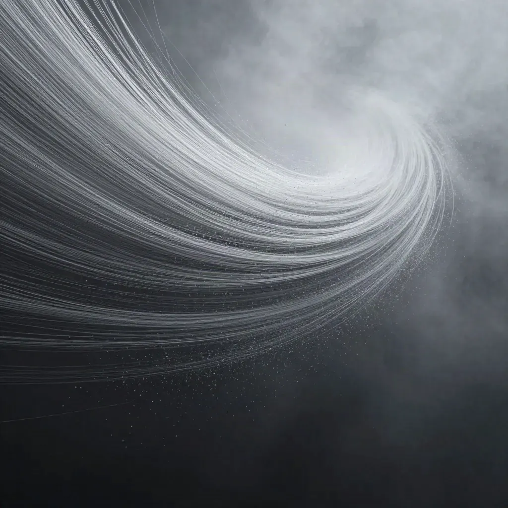 Silver filaments converge into a white bloom over dark graphite haze, leaving calm copy space.