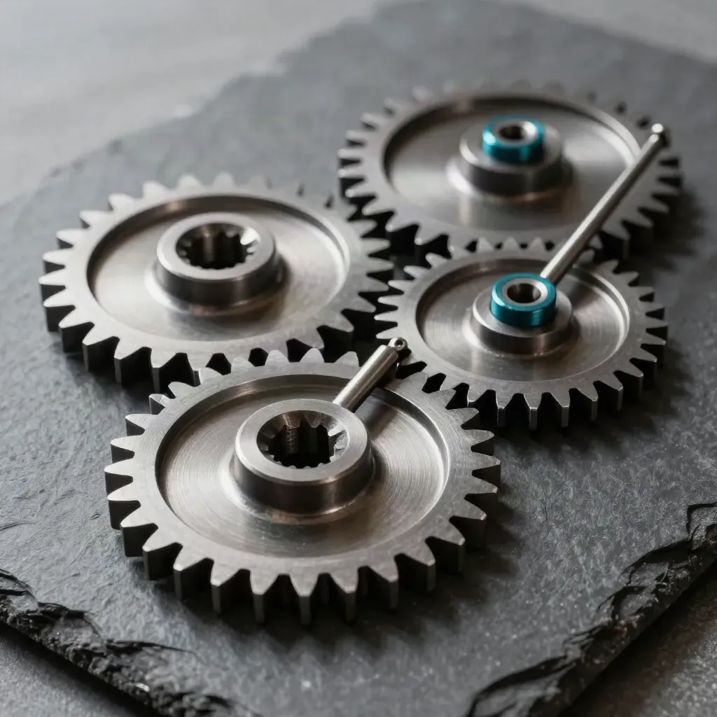 Interlocking graphite gear plates on dark stone, diagonally arranged with a teal accent.